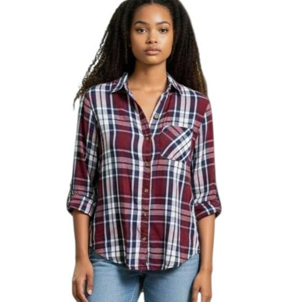 SO BURGUNDY, NAVY, & WHITE PLAID SHIRT SZ.XS EUC.